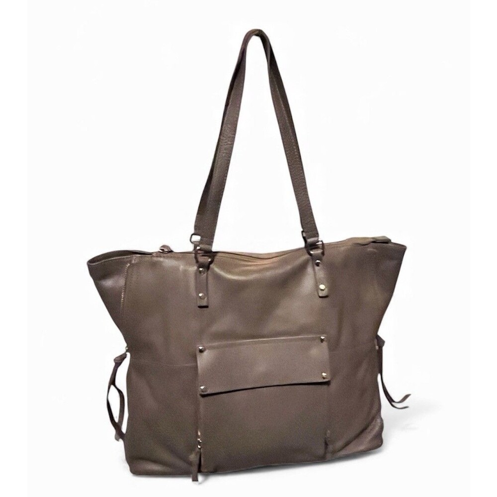 Kooba Leather Tote Bag Brown Zip Gusset Sides Expandable Front Pocket Shoulder